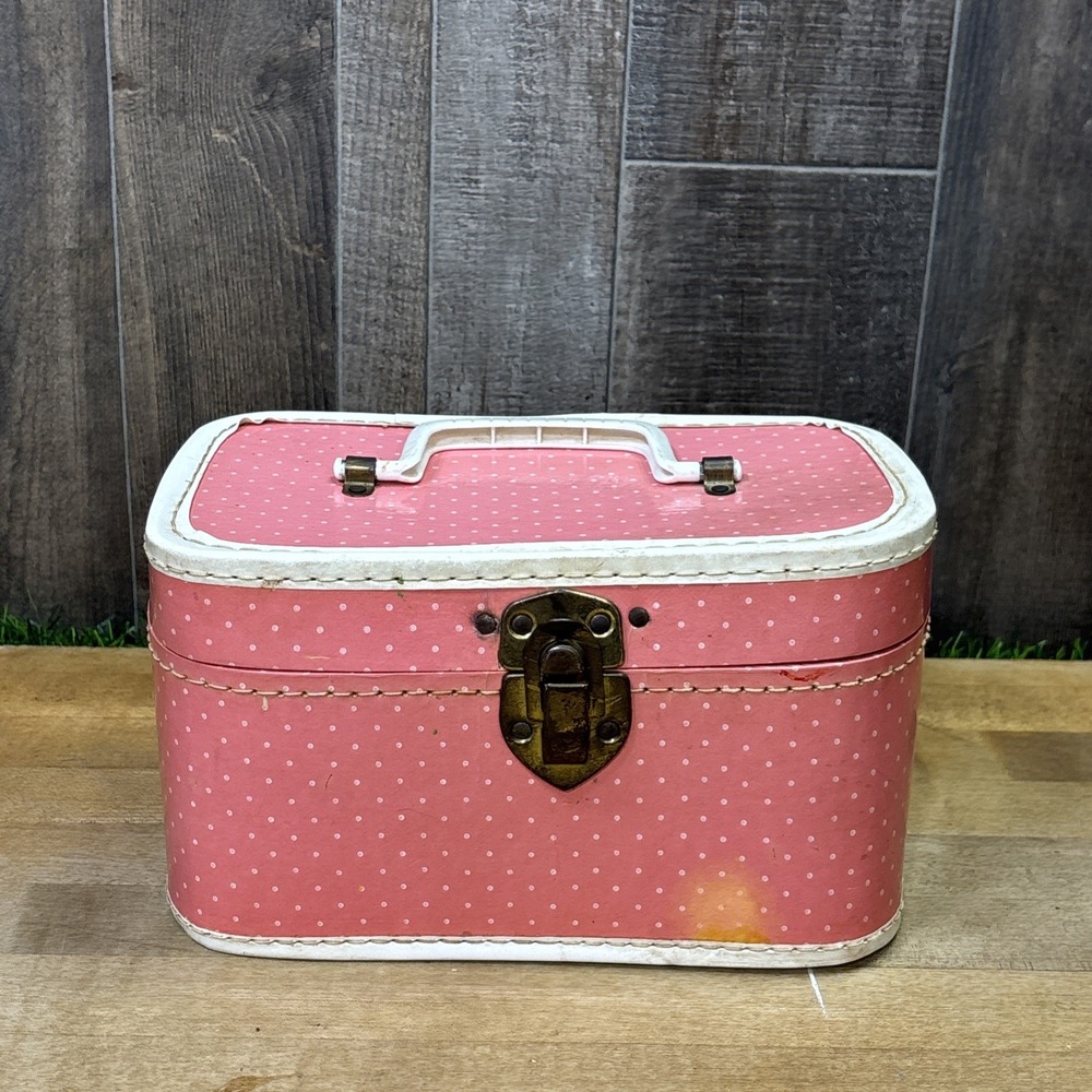 Vintage Pink Polka Dot Doll Luggage Carrying Case Vanity Makeup Storage